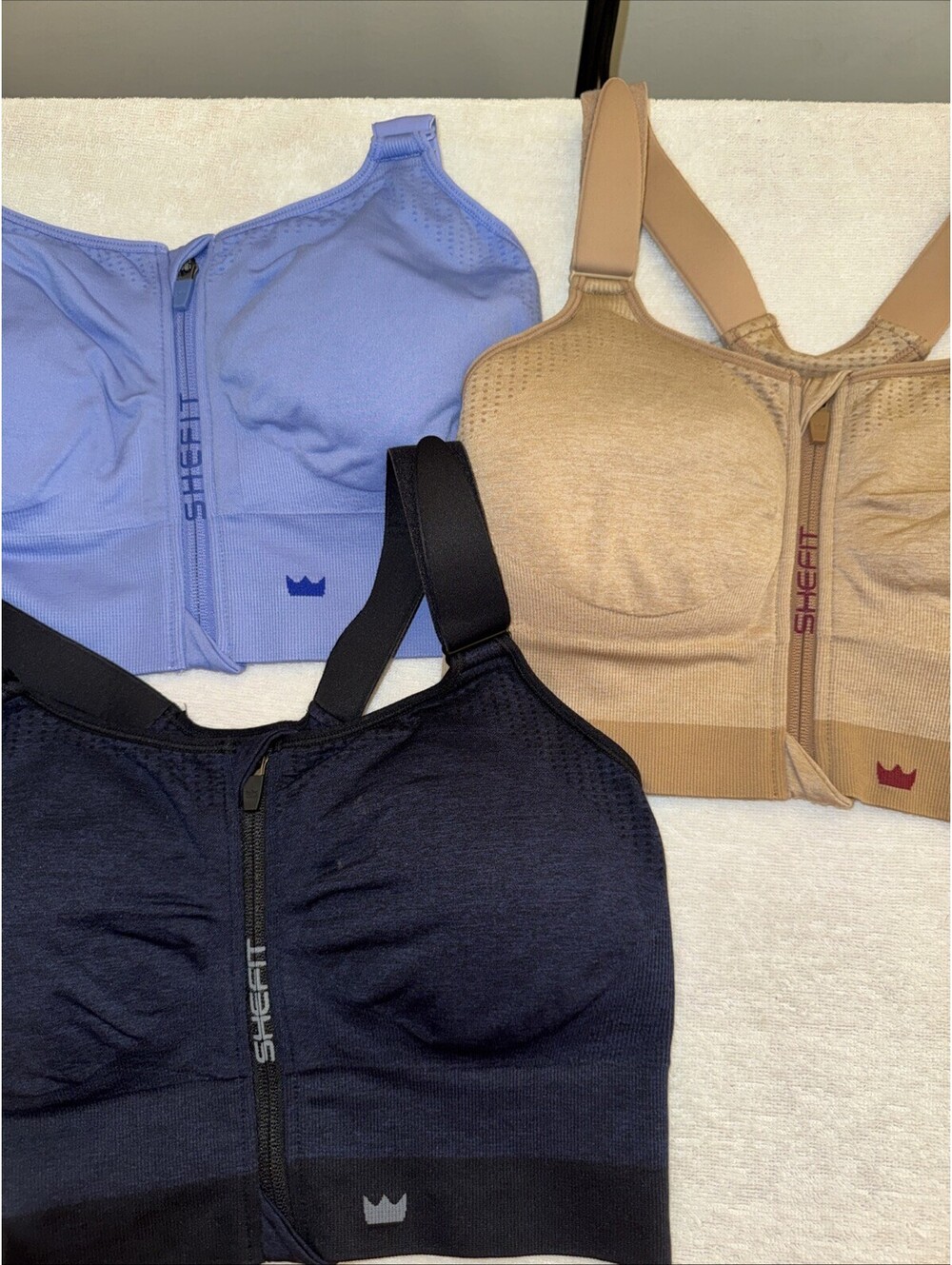SHEFIT 3 Sports Bras 2Luxe Support Fitness Activewear Tan Light Blue Navy